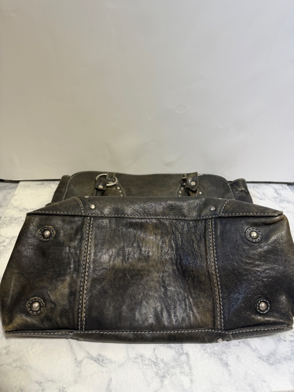 Frye Melissa rustic distressed black leather silver studded moto large tote bag - Picture 7 of 13